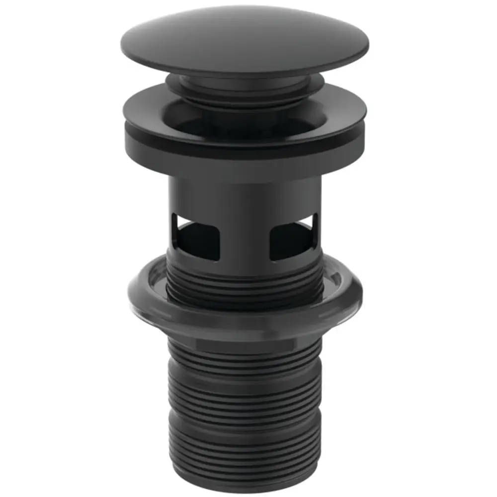 Push-Open Ablaufverschluss in Schwarz, geeignet für Waschtische mit Überlauf. Produkt von Ideal Standard, mit einem offenen Design und funktionalem Mechanismus.